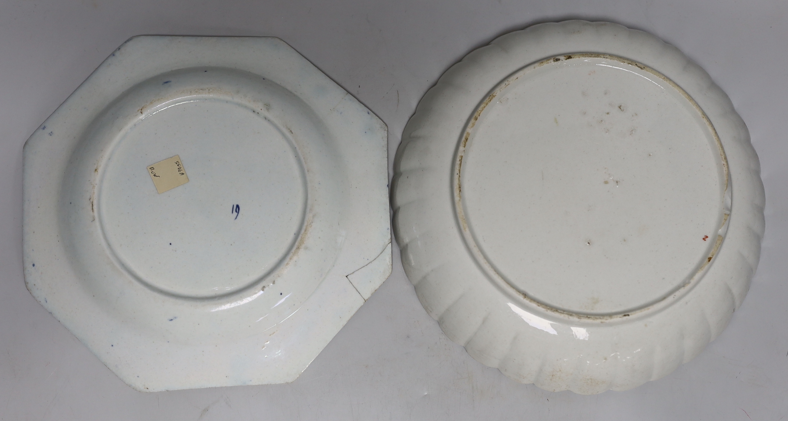 A Bow Two Quail pattern kakiemon style saucer dish, c.1758, and a Bow blue and white octagonal plate, saucer dish 22.3cm diameter